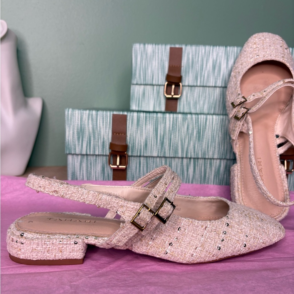 Tahari Cream Textured Flats with Buckle - Picture 1 of 10